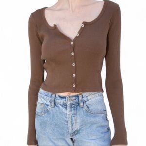Brandy Melville Brown Zelly Cropped Ribbed Button-Up Long Sleeve Top